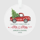 書道ハート私たちの初めてのクリスマスレッドトラック オーナメント (裏面)