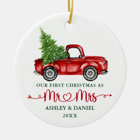 書道ハート私たちの初めてのクリスマスレッドトラック セラミックオーナメント (正面)