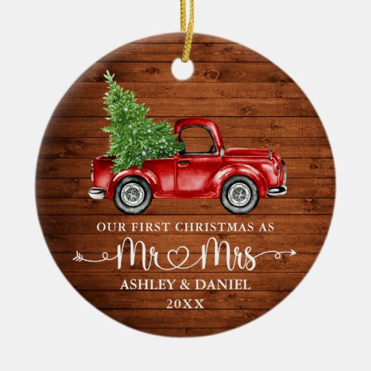 書道ハート素朴初めてのクリスマスレッドトラック セラミックオーナメント (正面)