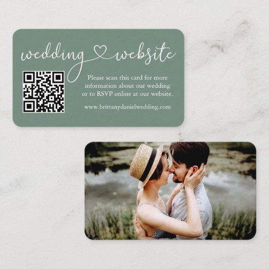 書道ハート結婚のくもの巣QRフォトセージ緑 エンクロージャーカード (正面/裏面)
