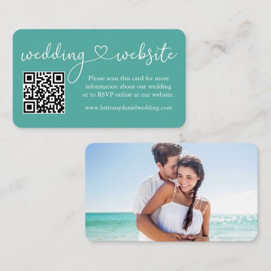 書道ハート結婚のウェブサイトQRフォトティール(緑がかった色) エンクロージャーカード (正面/裏面)