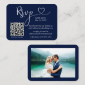 書道ハート結婚写真の青RSVP QR エンクロージャーカード (正面/裏面)