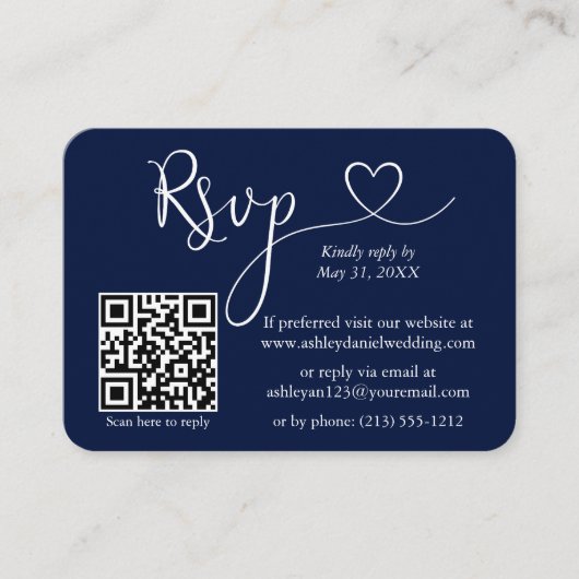 書道ハート結婚写真の青RSVP QR エンクロージャーカード (正面)