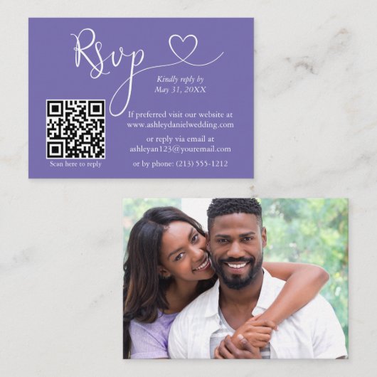 書道ハート結婚写真のPeriwinkle QR RSVP エンクロージャーカード (正面/裏面)