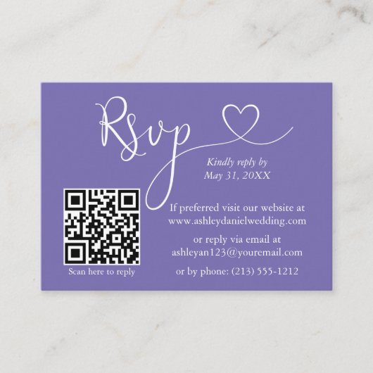 書道ハート結婚写真のPeriwinkle QR RSVP エンクロージャーカード (正面)