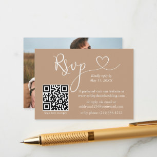 書道ハート結婚写真Taupe QR RSVP エンクロージャーカード