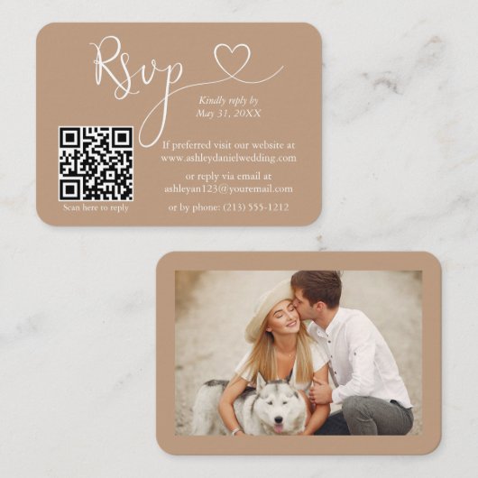 書道ハート結婚写真Taupe RSVP QR エンクロージャーカード (正面/裏面)