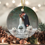 書道ハート結婚Mr.&Mrs. Photo セラミックオーナメント<br><div class="desc">ミニモダンマシンプルリズムのハート書Mr.&Mrs.花嫁&花婿結婚の写真オーナメント</div>