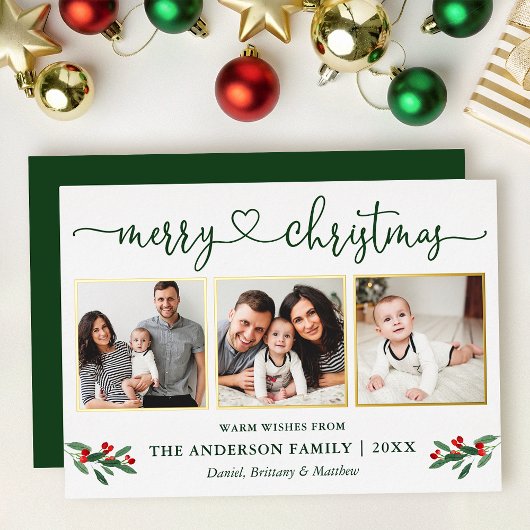 書道ハート3 Photo Christmas Holly金ゴールド 箔シーズンカード