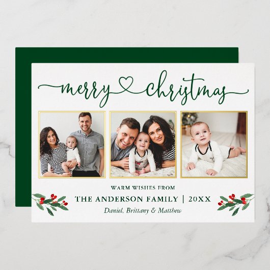 書道ハート3 Photo Christmas Holly金ゴールド 箔シーズンカード (正面/裏面)