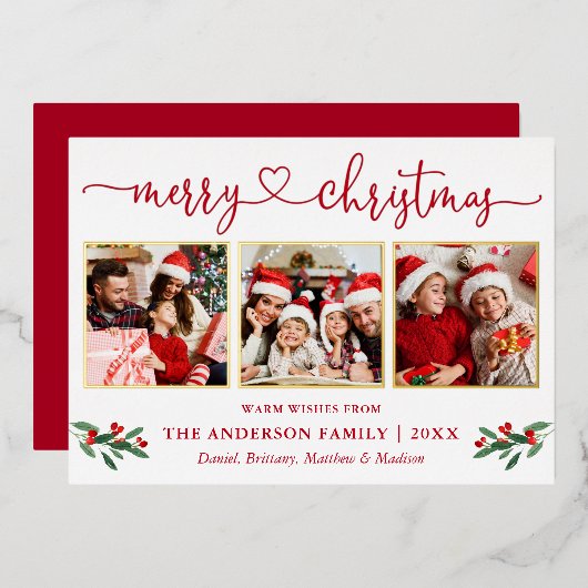 書道ハート3 Photo Christmas Holly Red金ゴールド 箔シーズンカード (正面/裏面)