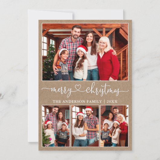 書道ハート4写真クラフトメリークリスマス シーズンカード (正面)