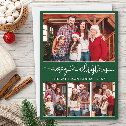 書道ハート4写真メリークリスマスグリーン シーズンカード