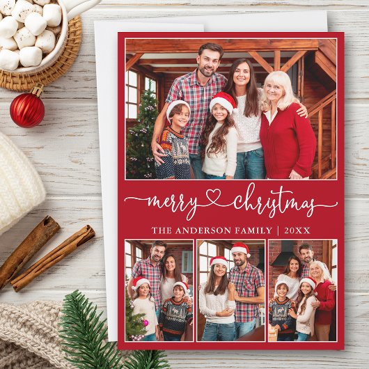 書道ハート4写真メリークリスマスレッド シーズンカード