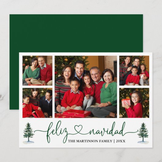 書道ハートFeliz Navidad 5 Photo Pine Tree シーズンカード (正面/裏面)