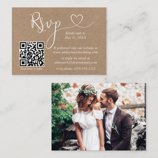 書道ハートQR写真クラフトウェディングRSVP エンクロージャーカード (正面/裏面)