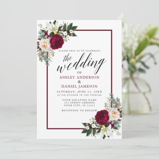 書道バーガンディーフレームグリーン結婚フローラ 招待状 (スタンド正面)