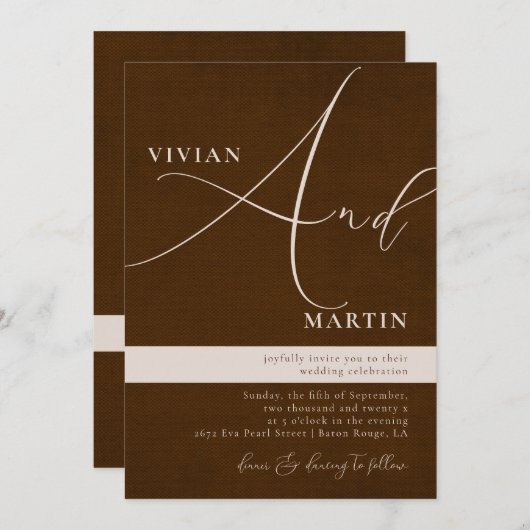 書道ビッグはっきりした「アンド」エスプレッソ・ブラウン結婚ズ 招待状 (正面/裏面)
