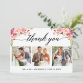 書道ピンクのフローラ結婚の3枚の写真 サンキューカード (スタンド正面)