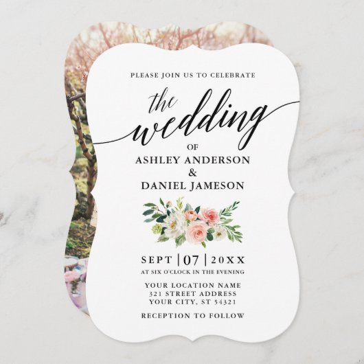 書道ピンクの白いフローラ結婚写真 招待状 (正面/裏面)