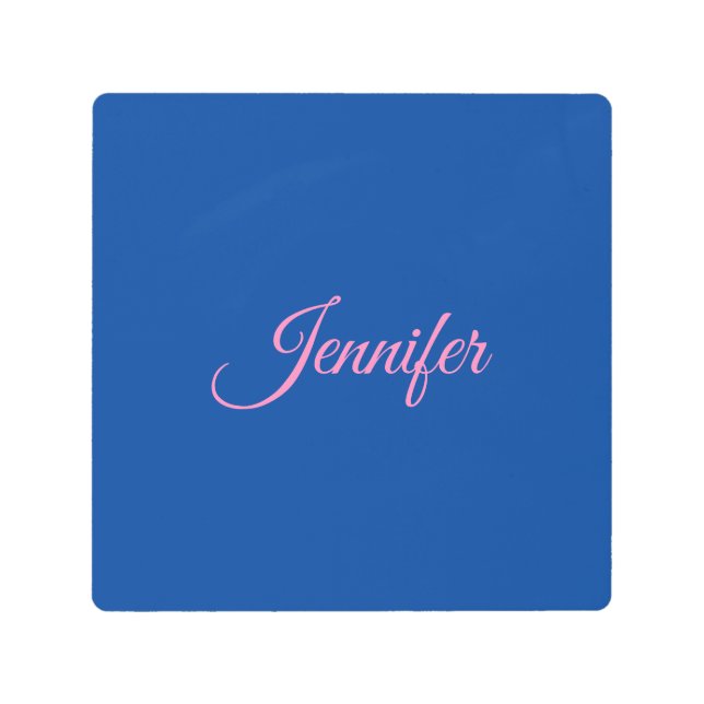 書道ピンクエレガントブルー名前をカスタムする メタルプリント (正面)