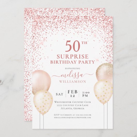 書道ピンクグリッターサプライズ50誕生日 招待状 (正面/裏面)