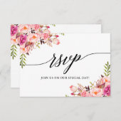 書道ピンクフローラ結婚式RSVP食事カード 出欠カード (正面/裏面)