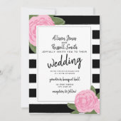 書道ピンクローズブラック+ホワストライプイト結婚ズ 招待状 (正面)