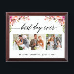 書道ピンク最高のク・デイ・エ結婚バーの額 表彰プラーク<br><div class="desc">書道3写真最高の日の刻み、水色ピンク赤面フローラ、結婚のプラーク</div>