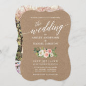 書道ピンク白フローラ結婚のクラフト写真 招待状 (正面/裏面)