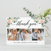 書道ピンク白フローラ結婚の3枚の写真 サンキューカード (スタンド正面)