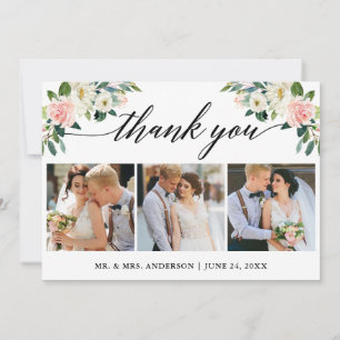 書道ピンク白フローラ結婚の3枚の写真 サンキューカード