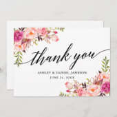 書道ピンク赤面結婚フローラ サンキューカード (正面/裏面)