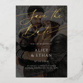 書道フォトオーバーレイ結婚式の日付を保存 箔招待状 (正面)