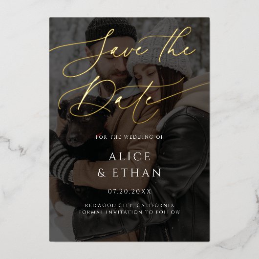 書道フォトオーバーレイ結婚式の日付を保存 箔招待状 (正面)