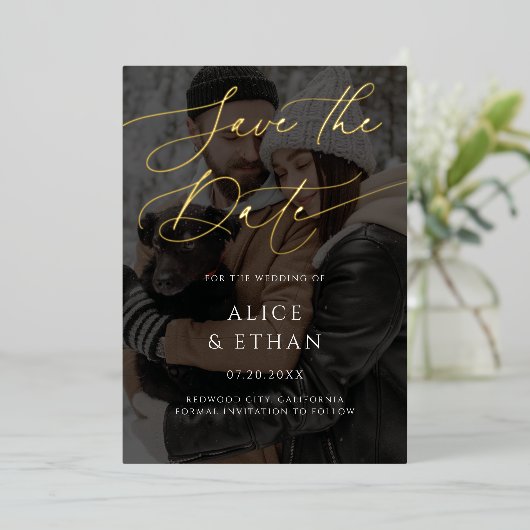 書道フォトオーバーレイ結婚式の日付を保存 箔招待状 (立ち正面)