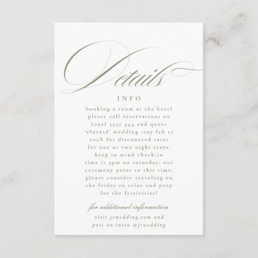 書道フォーマルセージ緑の結婚詳細 エンクロージャーカード (正面)