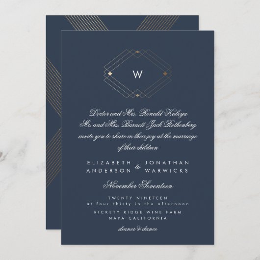 書道フォーマルモノグラム金箔海軍 招待状 (正面/裏面)