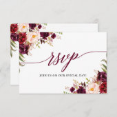 書道フローラバーガンディーウェディングRSVP食事カード 出欠カード (正面/裏面)