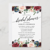 書道ブルガンディーブルーフローラブライダルシャワー 招待状 (正面)