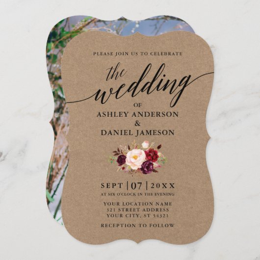 書道ブルゴーニュフローラフォトクラフト結婚ズ 招待状 (正面/裏面)