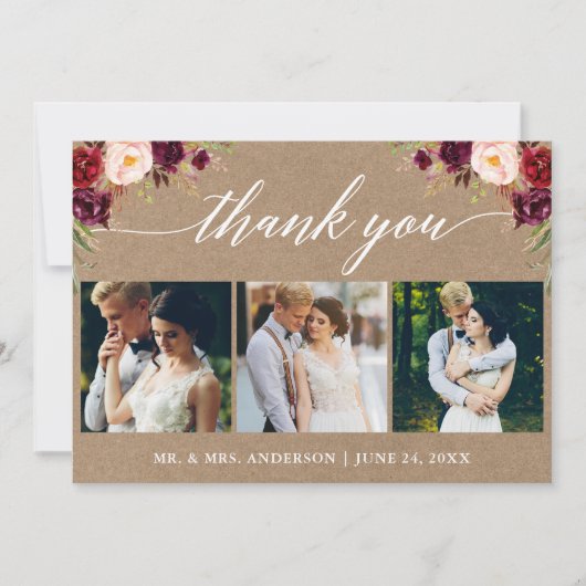 書道ブルゴーニュ結婚フローラの3写真クラフト サンキューカード (正面)