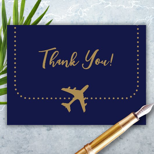 書道ブルーと金ゴールド搭乗券結婚の サンキューカード