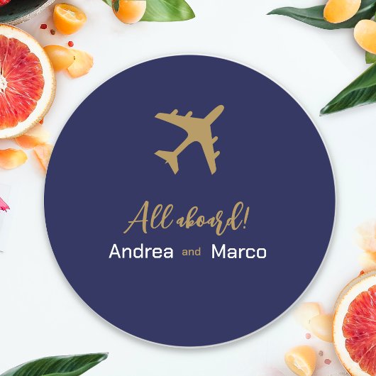 書道ブルーと金ゴールド搭乗券結婚の ラウンドシール