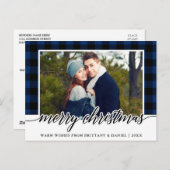 書道ブルーの格子模様カップル写真クリスマス ポストカード (正面/裏面)