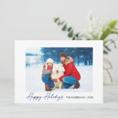 書道ブルーインクスクリプトハッピーホリデー写真 シーズンカード (スタンド正面)