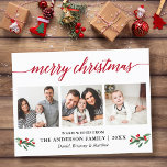 書道ホリモダンー赤クリスマス3写真 ポストカード<br><div class="desc">書道台本メリーモダンクリスマス3写真ホリデー葉書に水彩ホリーベリーが含まれる – 赤文字</div>