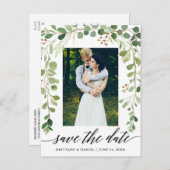 書道ボタニカルグリーン日付写真を保存 案内ポストカード (正面/裏面)