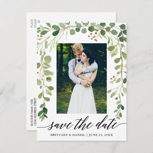 書道ボタニカルグリーン日付写真を保存 案内ポストカード (正面/裏面)