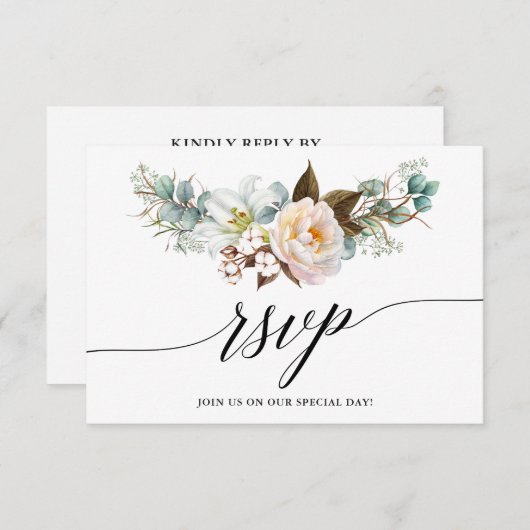 書道ボタニカルフローラウェディングRSVPカード 出欠カード (正面/裏面)